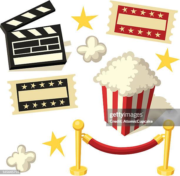 elemente: tickets, popcorn, samt seil, clapperboard: retro comic-stil - popcorn stock-grafiken, -clipart, -cartoons und -symbole