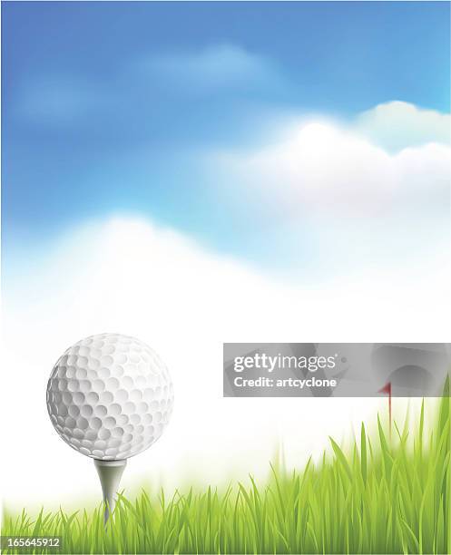 illustration of golf ball upon a tee in front of a flag - teeing off stock illustrations