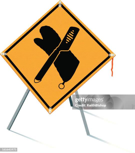 grilling sign - barbecue spatula and mitt - men at work sign stock illustrations