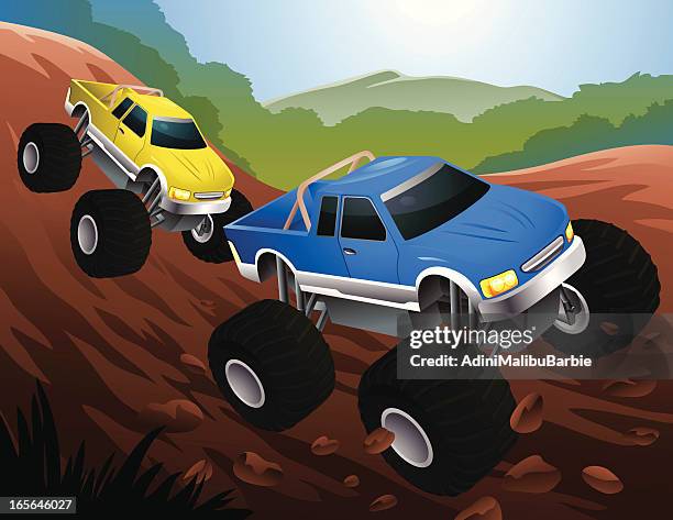 two cartoon monster trucks racing on dirt track - monster trucks stock illustrations