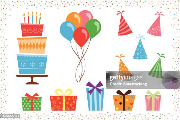 illustrations, cliparts, dessins animés et icônes de éléments de fête d'anniversaire icône - cadeau danniversaire