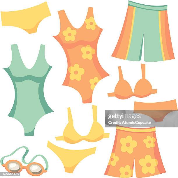 stockillustraties, clipart, cartoons en iconen met retro cartoon swimwear: shorts, tank, bikini, and goggles - eendelig zwempak