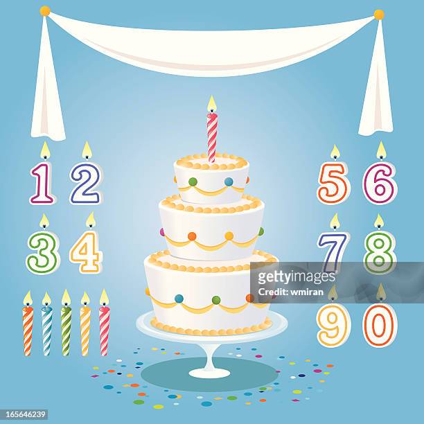 cartoon birthday cake, candles, numbers, and tablecloth - candle stock illustrations