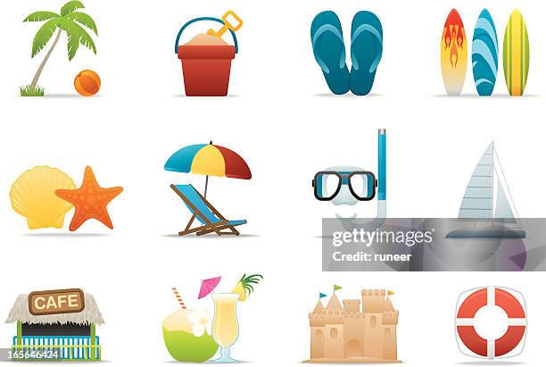 stockillustraties, clipart, cartoons en iconen met beach vacation icons | premium matte series - surfboard