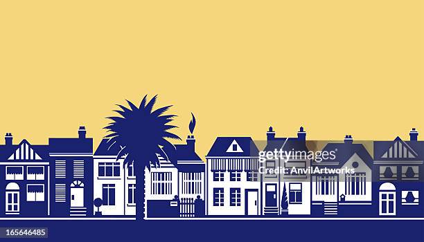 a drawing of a street scene in blue on soft yellow - terraced house stock illustrations