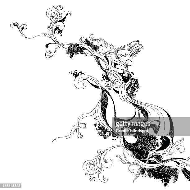 black and white ink doodles of waves and flowers - black and white flower tattoo designs stock illustrations