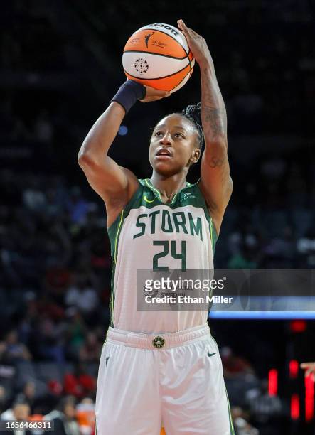 Jewell Loyd of the Seattle Storm shoots a free throw against the Las Vegas Aces in the first quarter of their game at Michelob ULTRA Arena on...