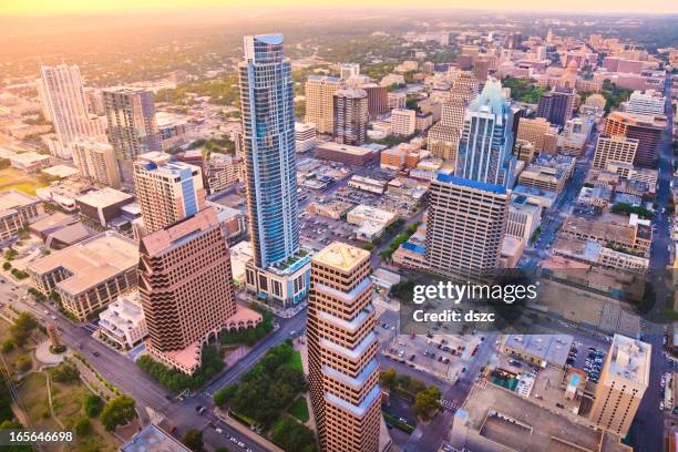 aerial view, downtown austin texas skyline, sunset, from helicopter - austin texas sunset stock pictures, royalty-free photos & images