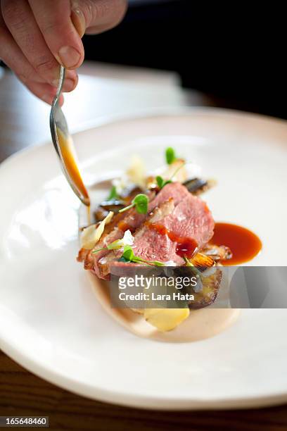 duck breast being drizzled with sauce - gourmet stock pictures, royalty-free photos & images