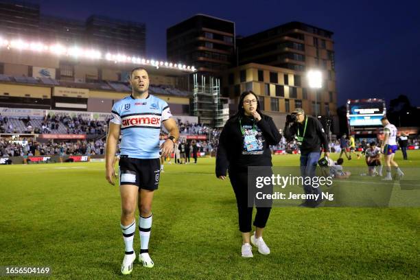 Captain of the Sharks Wade Graham is recognised after winning the round 27 NRL match between Cronulla Sharks and Canberra Raiders at PointsBet...