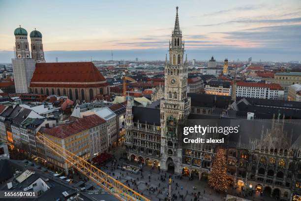 munich marienplatz old town aerial view blue hour sunset evening - munich drone stock pictures, royalty-free photos & images