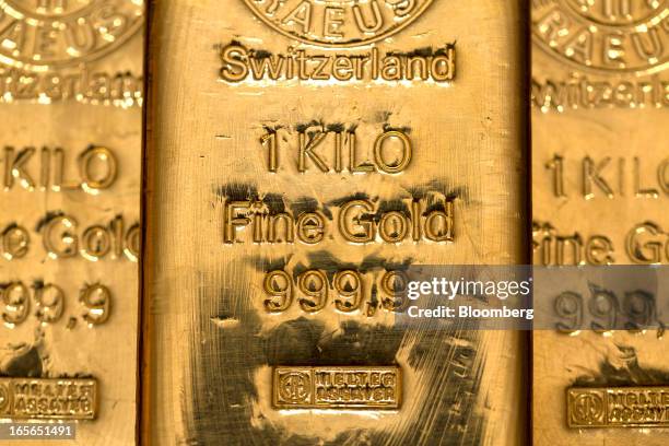 Collection of one kilogram gold bars are seen at London bullion dealers Gold Investments Ltd. In this arranged photograph in London, U.K., on...