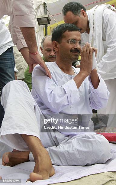 Aam Aadmi Party leader Arvind Kejriwal sitting on fourteenth day of his hunger strike against inflated electricity and water bills at Sunder Nagari...