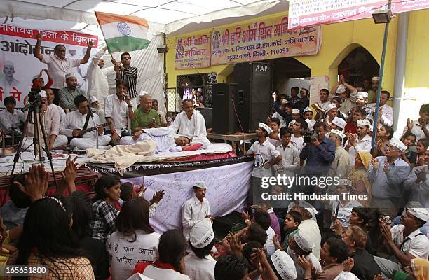 Aam Aadmi Party leader Arvind Kejriwal sitting on fourteenth day of his hunger strike against inflated electricity and water bills at Sunder Nagari...