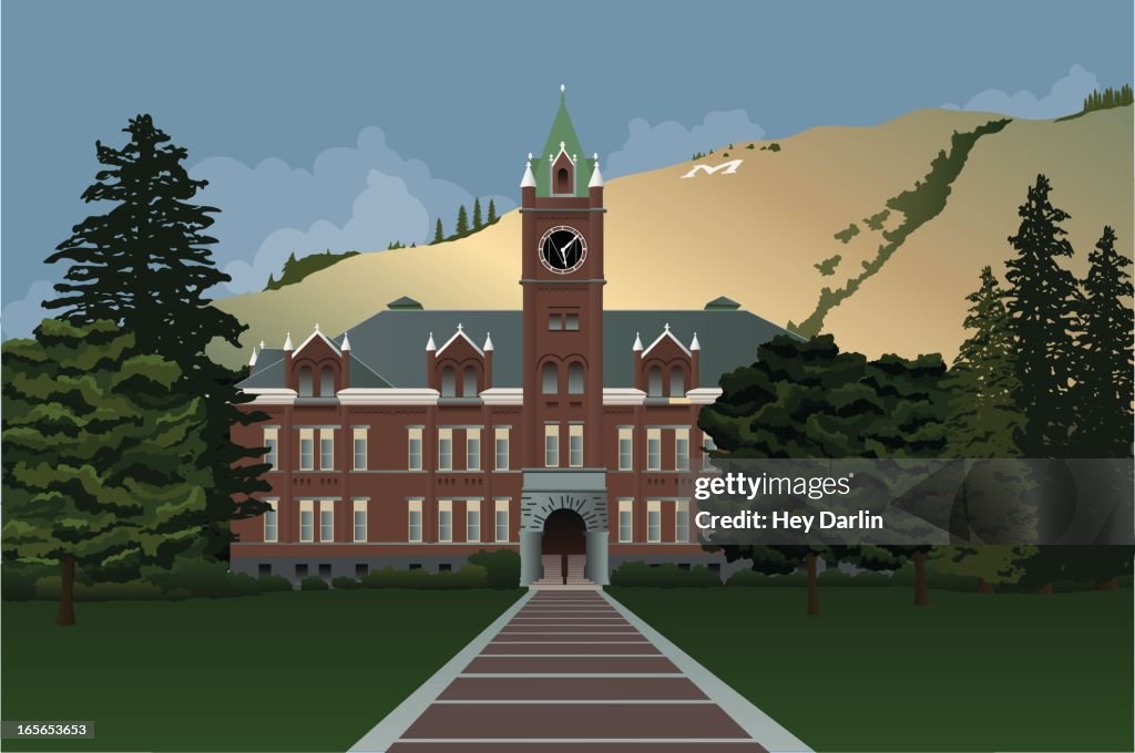 Universidad de Montana Main Hall con Hill en el fondo