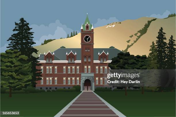 university of montana main hall with hill in background - missoula stock illustrations