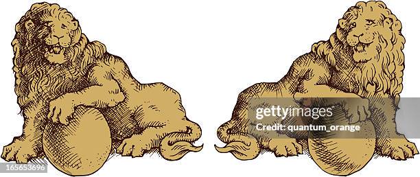 sitting lions - lion ball stock illustrations