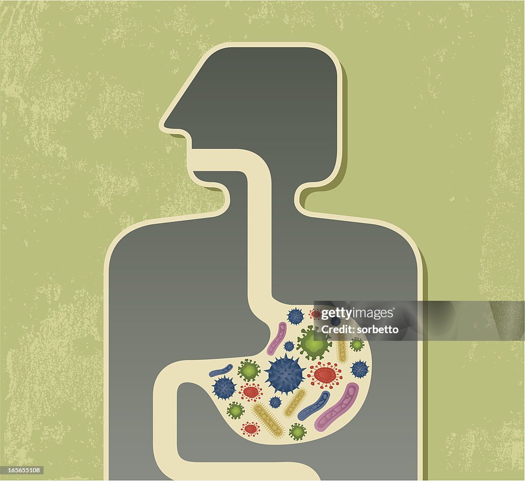 Food poisoning graphic with multicolored bacteria in stomach