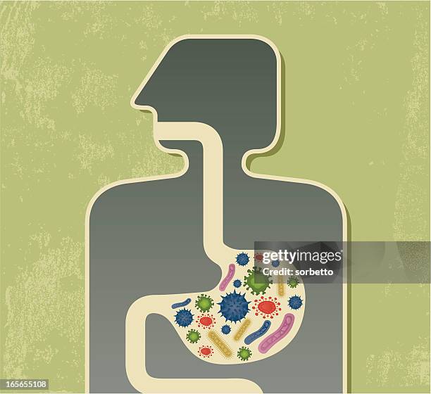 stockillustraties, clipart, cartoons en iconen met food poisoning graphic with multicolored bacteria in stomach - bacterie