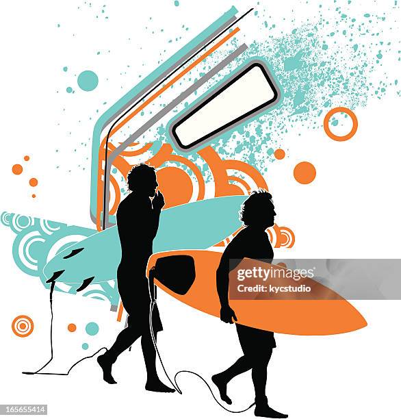 ilustraciones, imágenes clip art, dibujos animados e iconos de stock de surfers a - amigos surferos