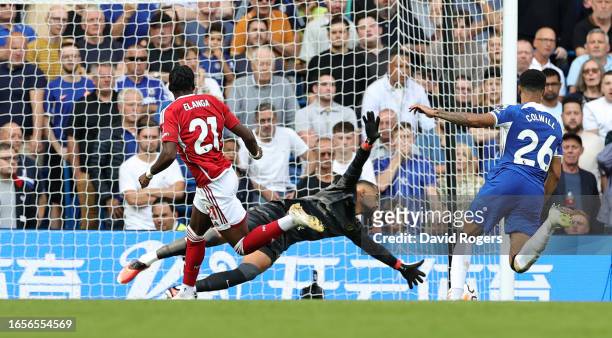Anthony Elanga of Nottingham Forest scores the winning goal during the Premier League match between Chelsea FC and Nottingham Forest at Stamford...
