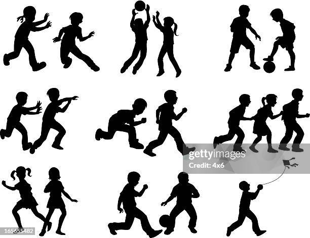 stockillustraties, clipart, cartoons en iconen met silhouettes of children playing different games - kindertijd