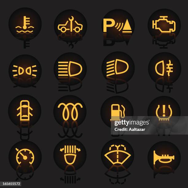 panel of car warning indicators lit up - car horn stock illustrations