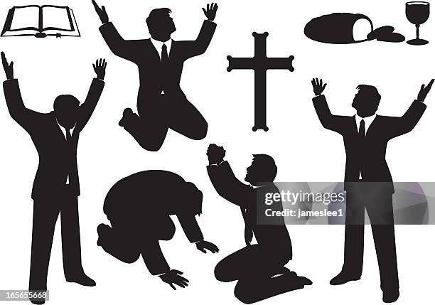 christian gebet und lob silhouette set - kneeling stock-grafiken, -clipart, -cartoons und -symbole