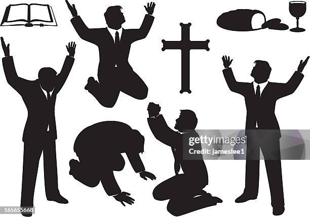 christian prayer and praise silhouette set - plain background please stock illustrations