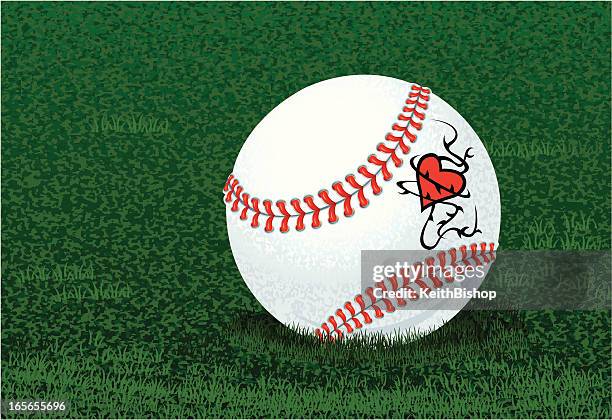 baseball in grass with love heart tattoo - fans at baseball game stock illustrations