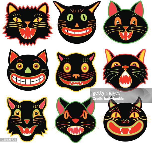 illustrations, cliparts, dessins animés et icônes de halloween chat heads - vintage halloween cat