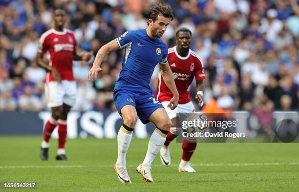 Ben Chilwell of Chelsea watches the ball during the Premier League match between Chelsea FC and Nottingham Forest at Stamford Bridge on September 02,...