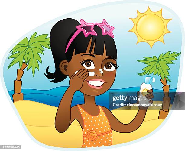 african american girl applying sunscreen - african girls on beach stock illustrations