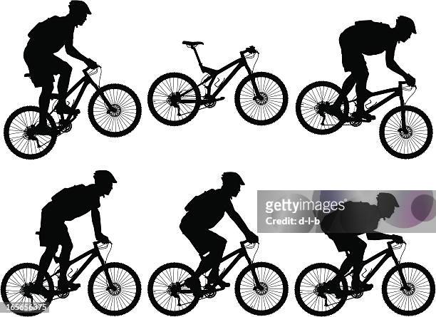 bildbanksillustrationer, clip art samt tecknat material och ikoner med silhouettes of carbon fiber full suspension mountain bike with cyclists - full body isolated
