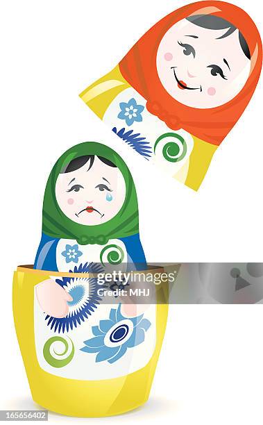 illustrazioni stock, clip art, cartoni animati e icone di tendenza di felice e triste matryoshka bambola - matrioska