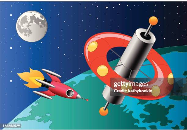 ilustraciones, imágenes clip art, dibujos animados e iconos de stock de estación espacial - space station vector