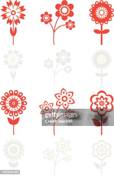 retro flower icons in red or grey silhouette. - garden symmetry stock illustrations