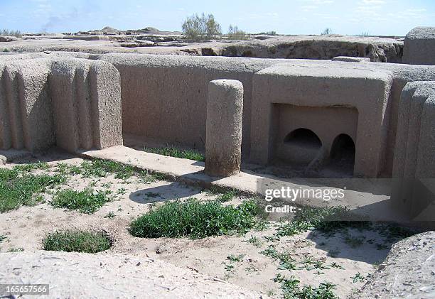 View of the excavated and restored ancient fortress town of Gonur-Tepe 50 km outside the modern city of Mary in the Kara Kum desert in remote western...
