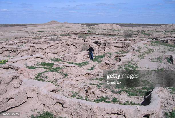 View of the excavated ancient fortress town of Gonur-Tepe 50 km outside the modern city of Mary in the Kara Kum desert in remote western...