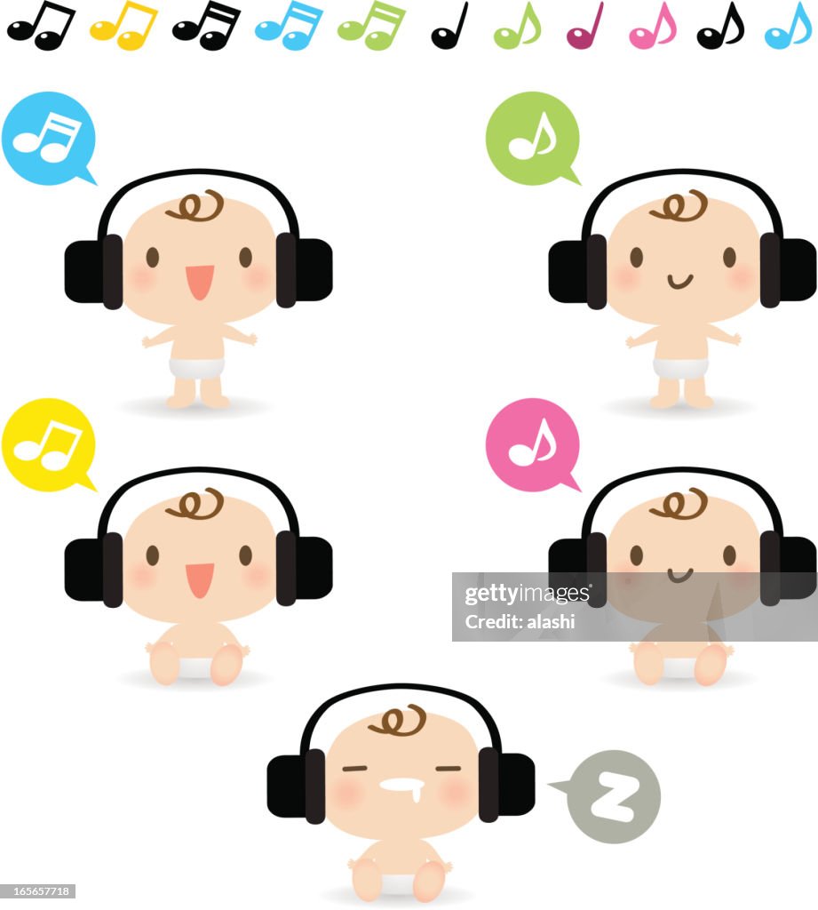 Icon set, Emoticons - Cute Baby listening to music( headphones )