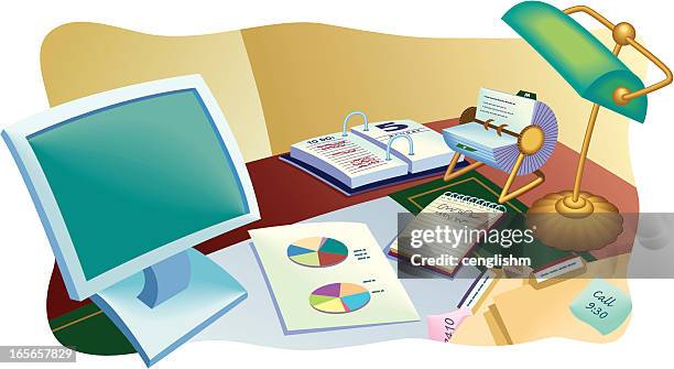 traditional office desk - messy computer desktop stock illustrations