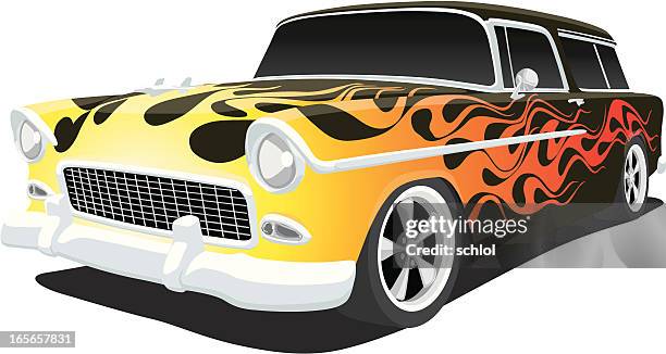 hot rod 1955 chevy - vehicle hood stock illustrations