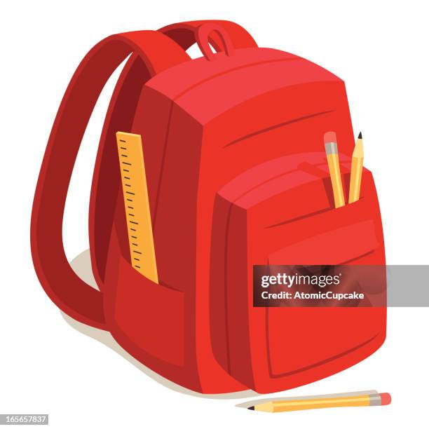 ilustraciones, imágenes clip art, dibujos animados e iconos de stock de mochila escolar rojo - backpack