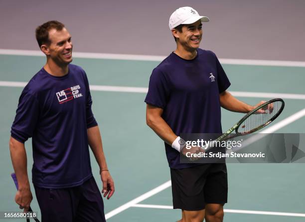 Mackenzie McDonald of USA and Mike Bryan smile during the training of the 2023 Davic Cup Finals Group D at Arena Gripe Sports Centre on September 10,...