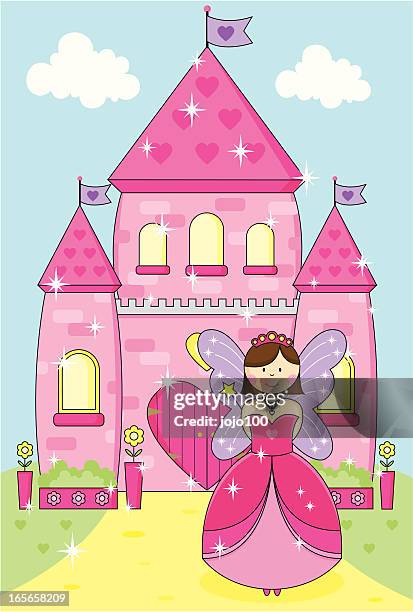 fee prinzessin mit zauberstab und leuchtende pink enchanted palace. - strapless stock-grafiken, -clipart, -cartoons und -symbole