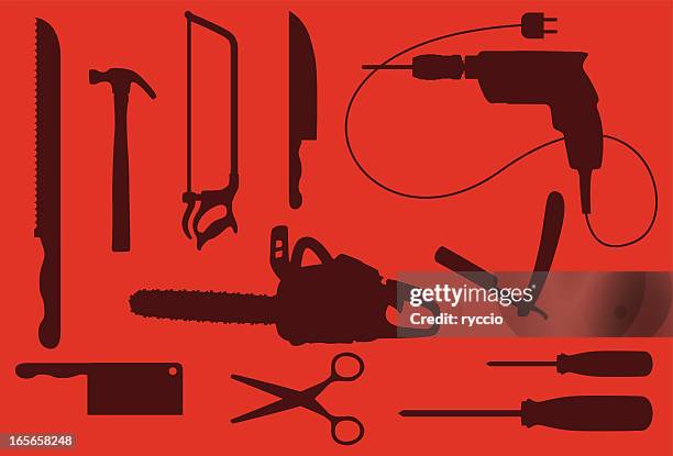 dangerous working tools silouhettes - chainsaw stock illustrations