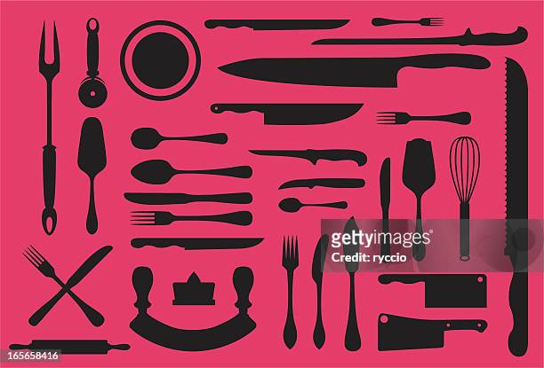 küchenutensilien silouhette kollektion - butcher knife stock-grafiken, -clipart, -cartoons und -symbole