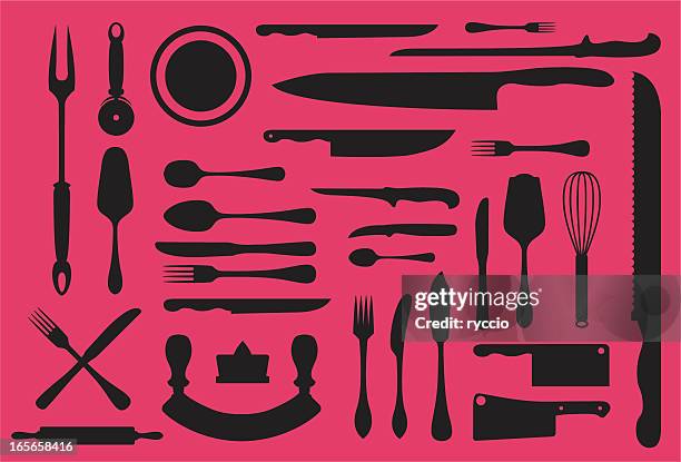 kitchen utensils silouhette collection - meat cleaver stock illustrations