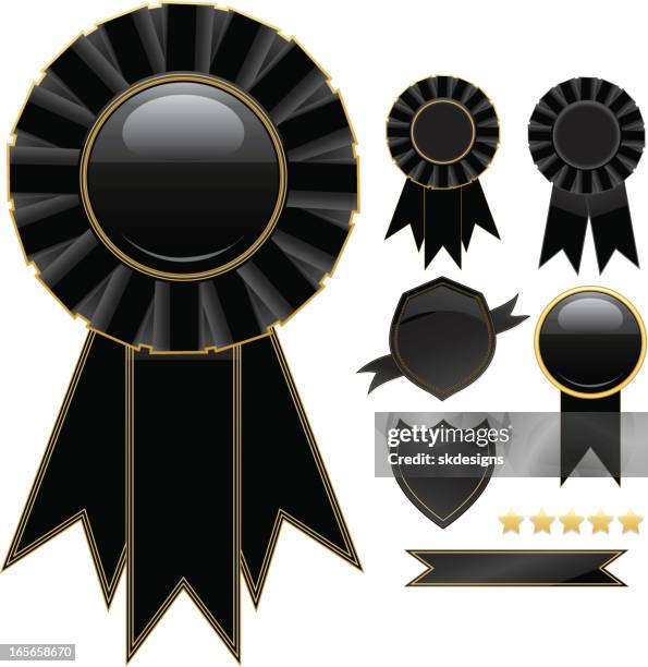 rosettes, ribbons and shields set - black, gold - first second third place stock illustrations