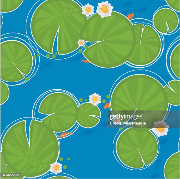 lily pad and fish seamless pattern - lily pad stock illustrations